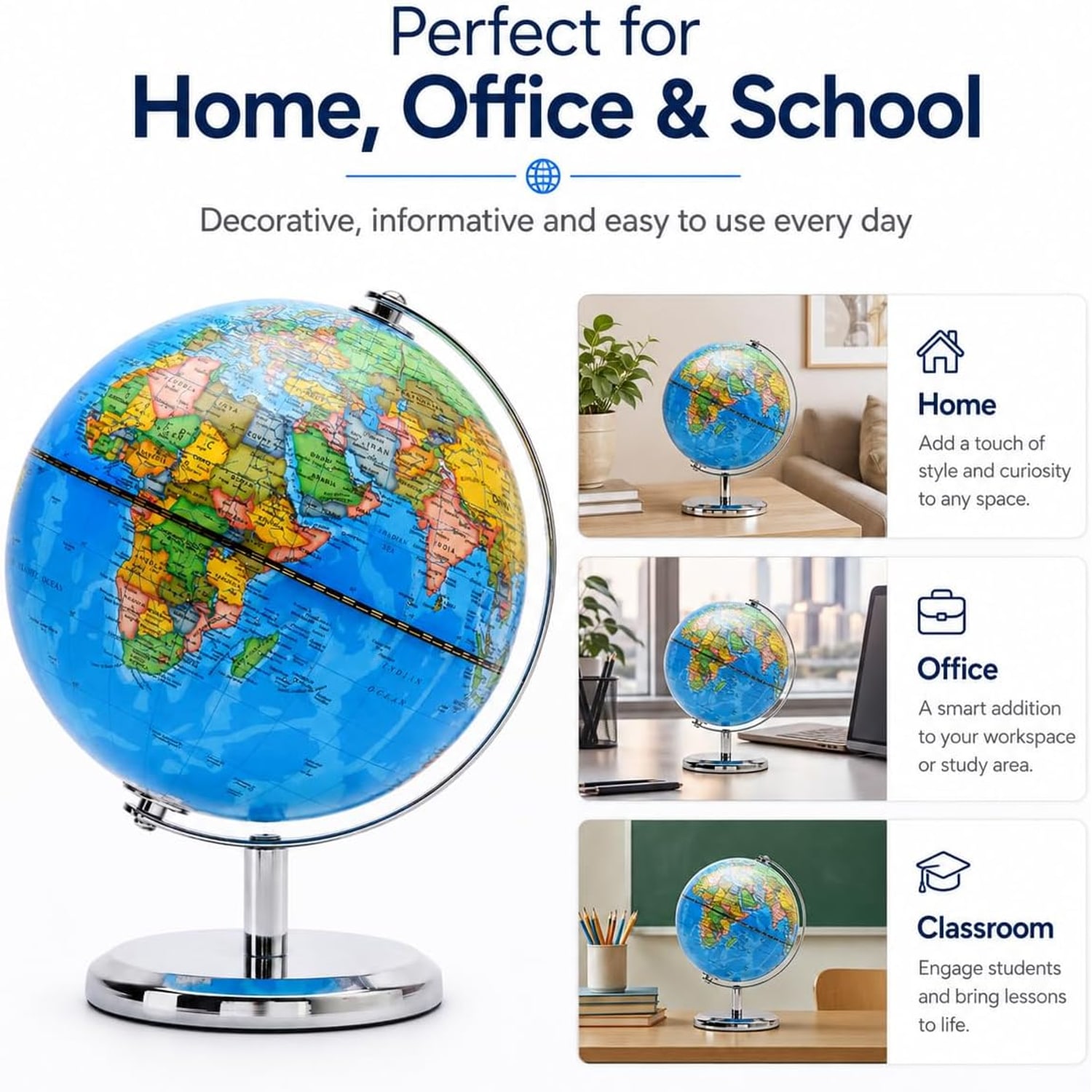 20cm Political World Globe with Stainless Steel Arc and Base: image 7
