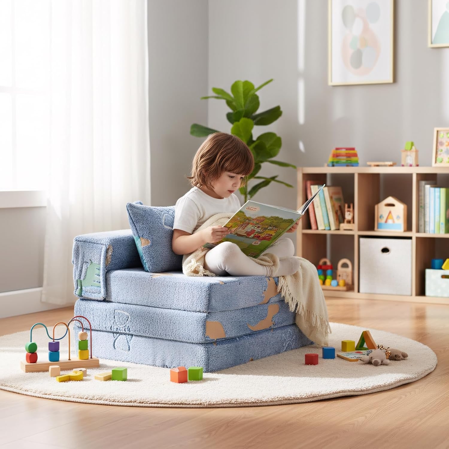 3 in 1 Foldable Kids Sofa with Pillow (Blue Dinosaur): image 2