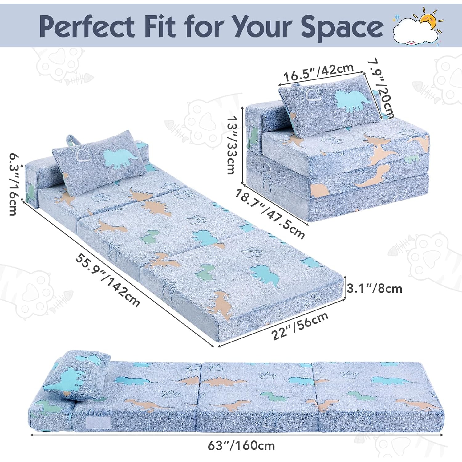 3 in 1 Foldable Kids Sofa with Pillow (Blue Dinosaur): image 3
