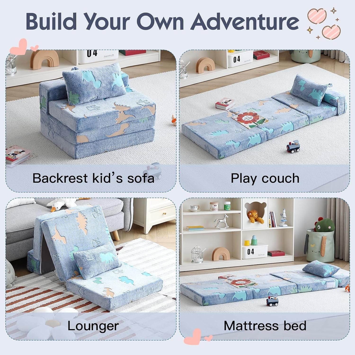 3 in 1 Foldable Kids Sofa with Pillow (Blue Dinosaur): image 5