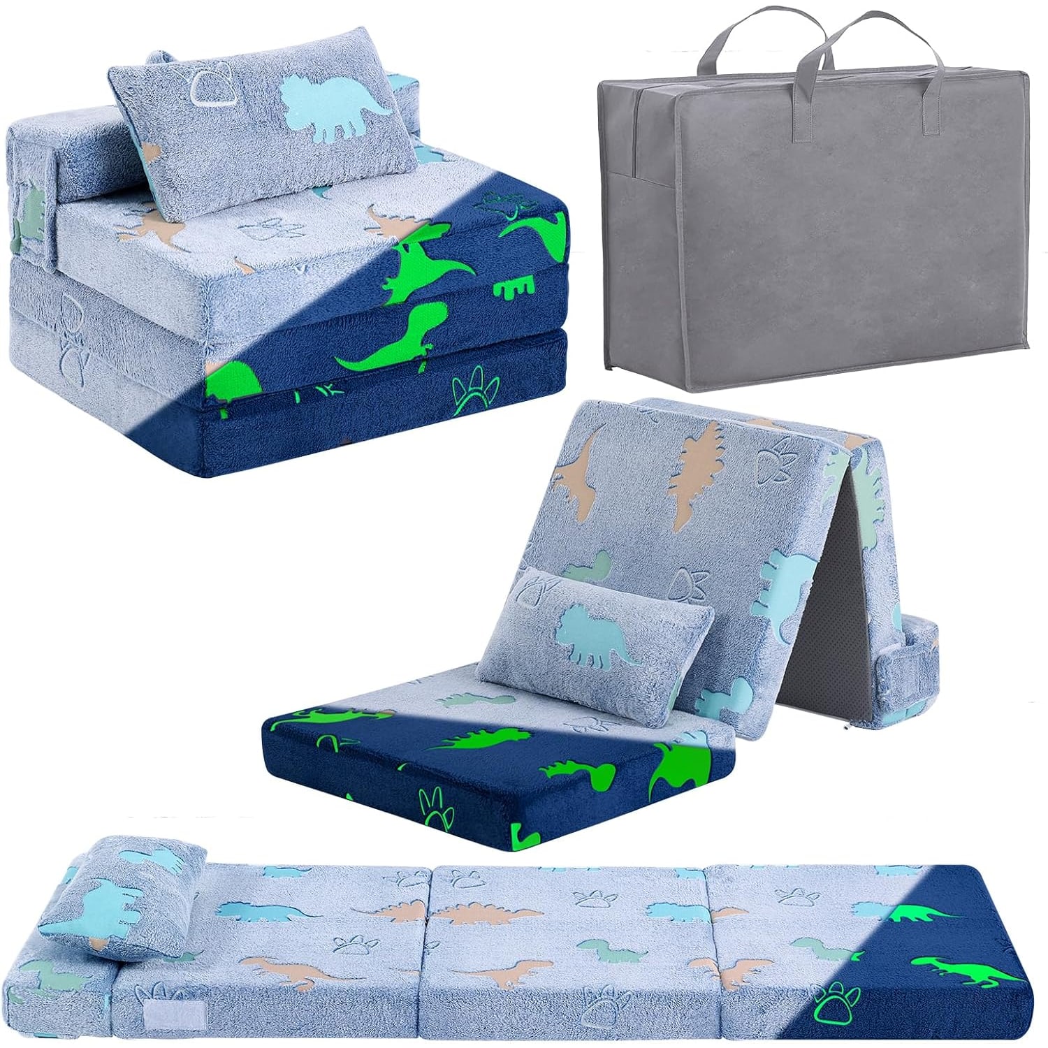 3 in 1 Foldable Kids Sofa with Pillow (Blue Dinosaur)