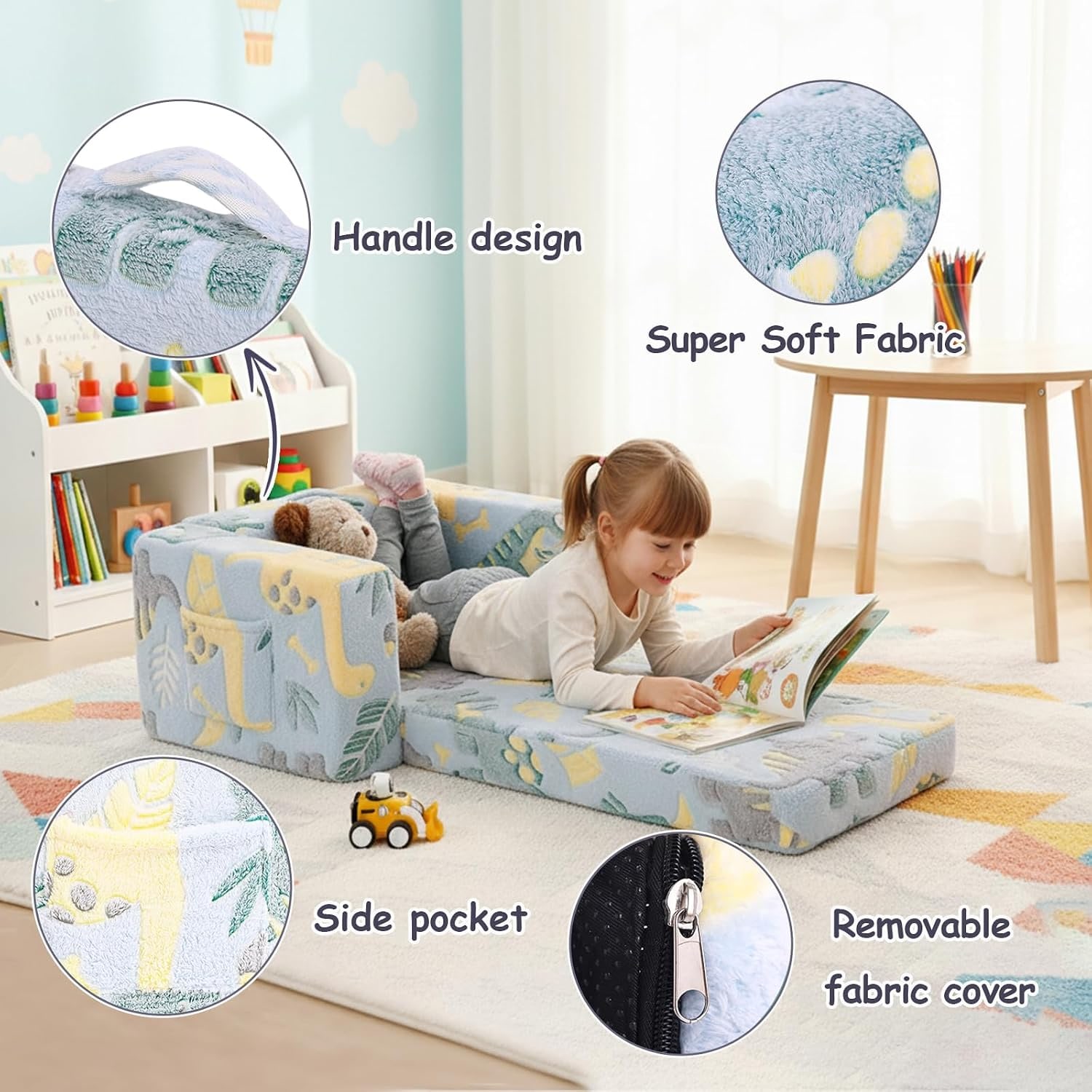 Kids Fold Out Sofa Dinosaur 2-in-1 Couch Chair: image 3