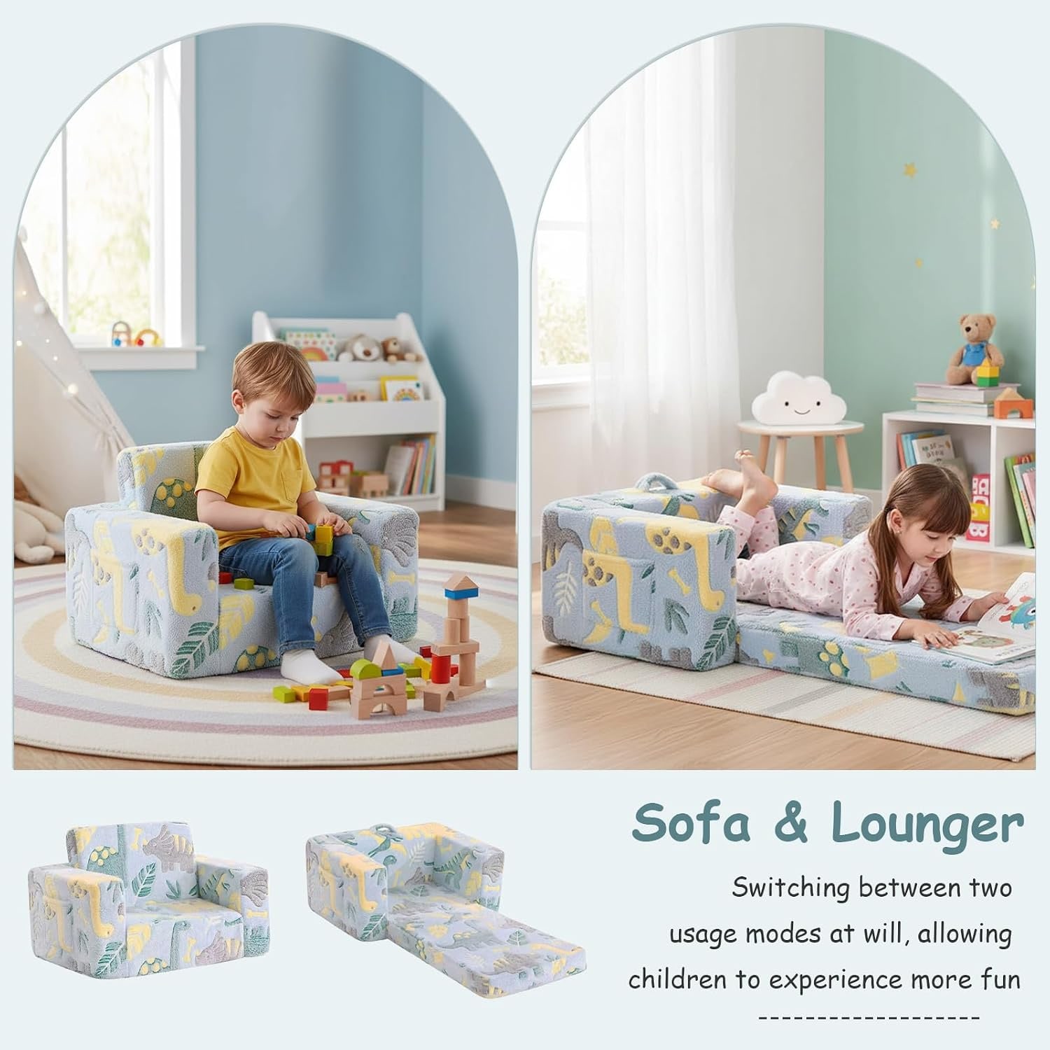 Kids Fold Out Sofa Dinosaur 2-in-1 Couch Chair: image 4