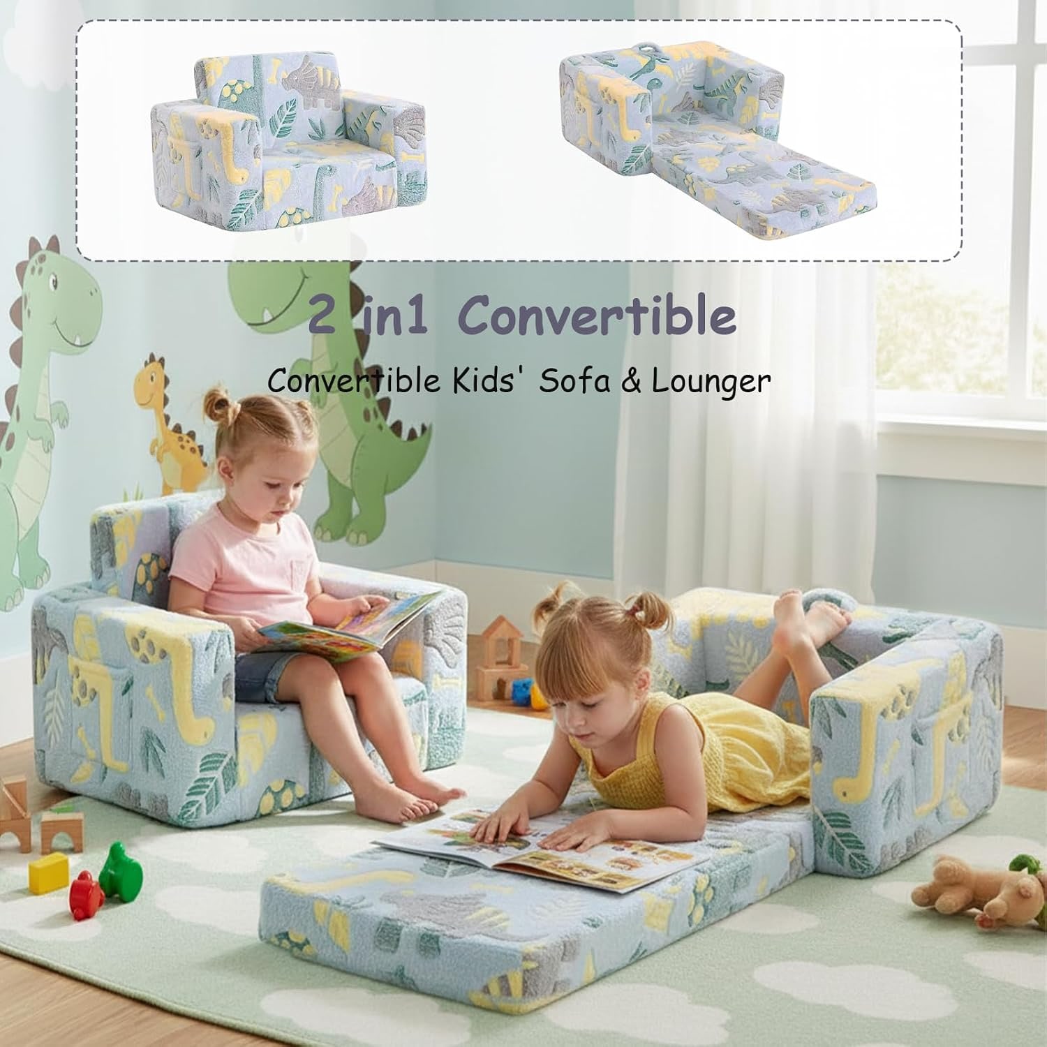Kids Fold Out Sofa Dinosaur 2-in-1 Couch Chair: image 7