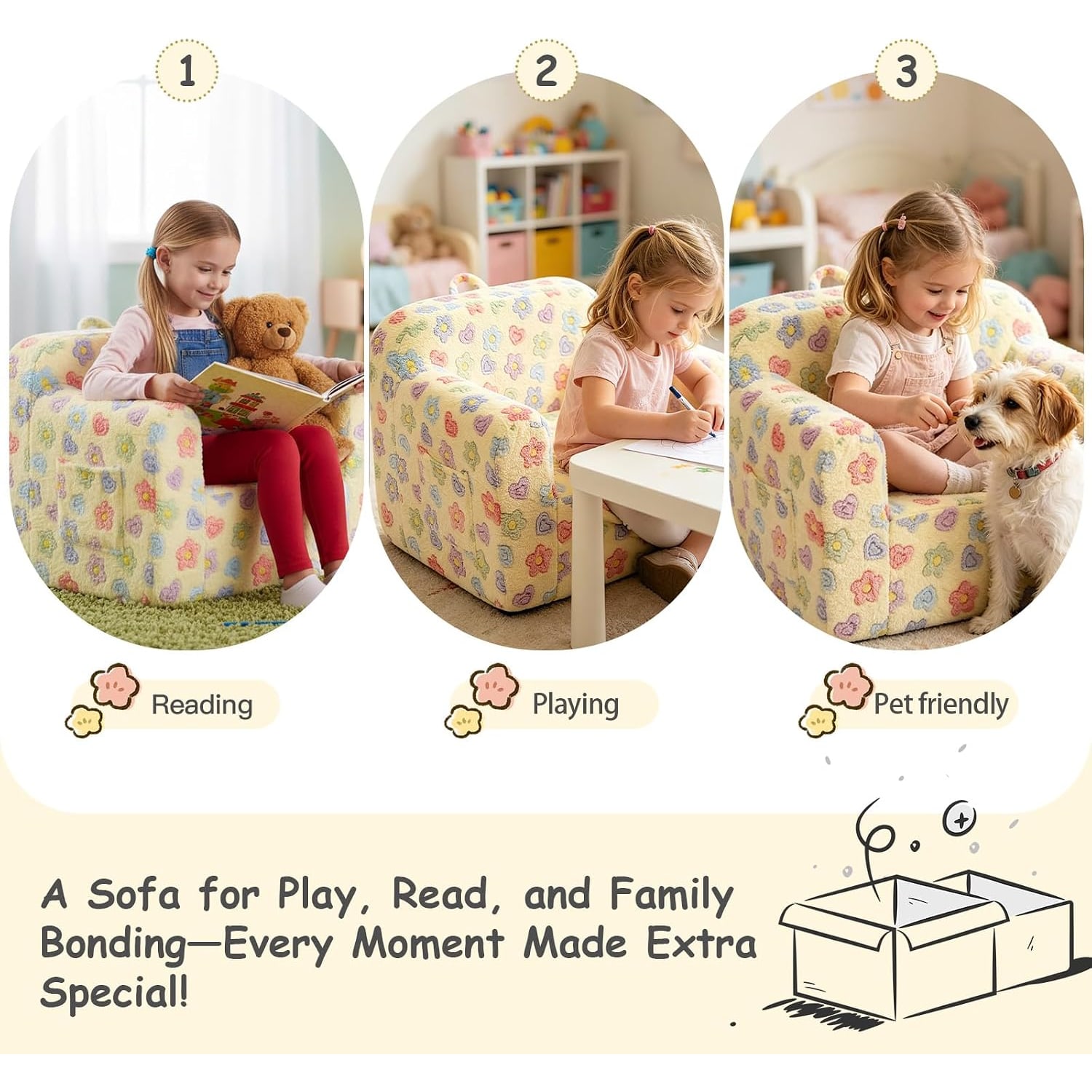 Plush Kids Sofa Chair in White Flower