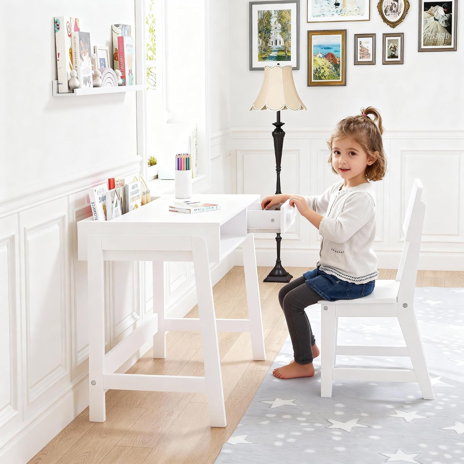 Kids Study Desk and Chair Set with Drawer and Open Storage, detail view