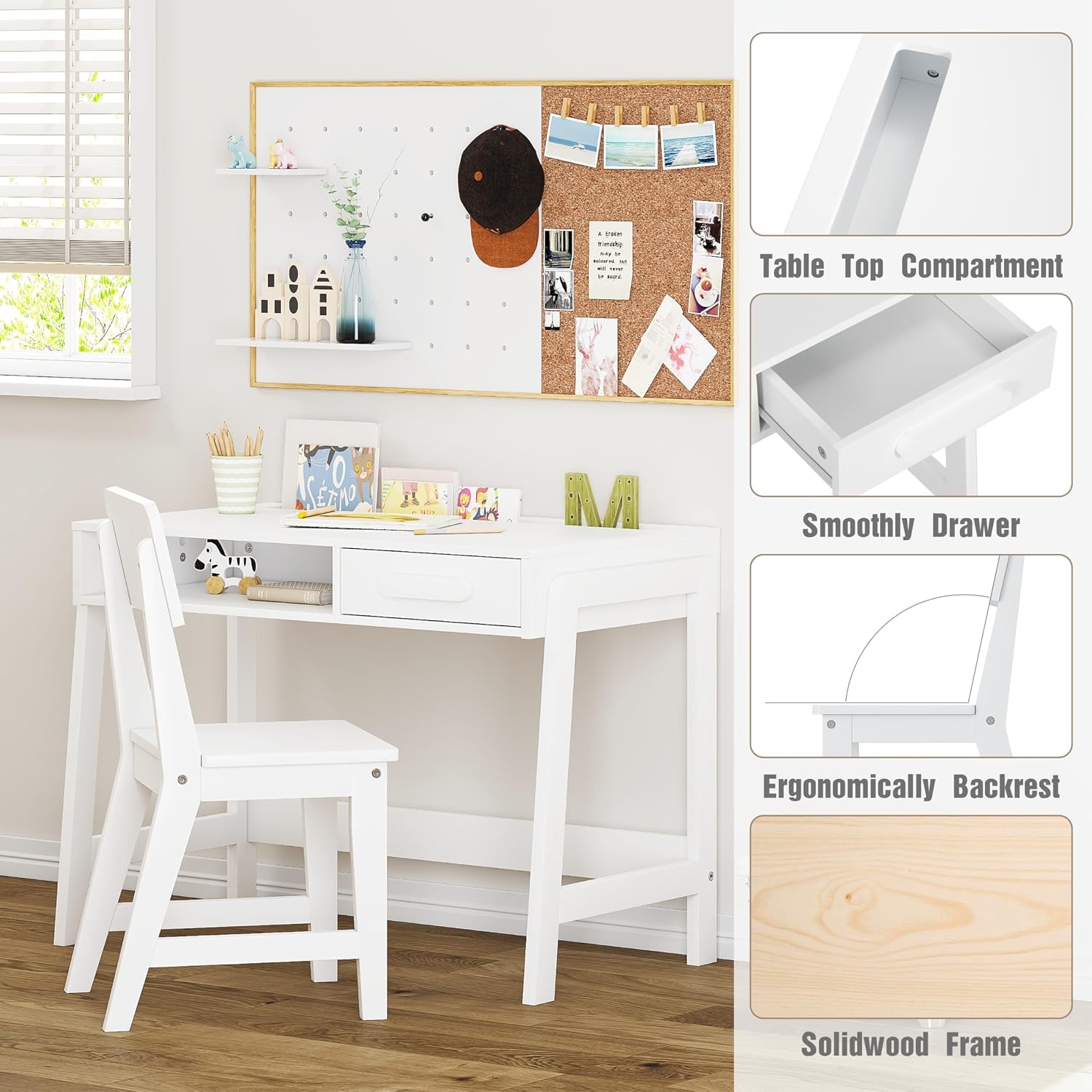 Kids Study Desk and Chair Set with Drawer and Open Storage: image 4