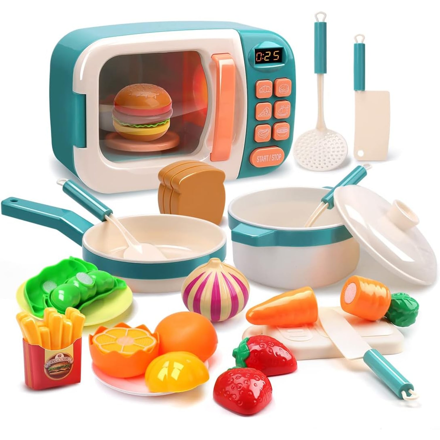 Toy Microwave Kitchen Play Set with Cutting Food and Cookware