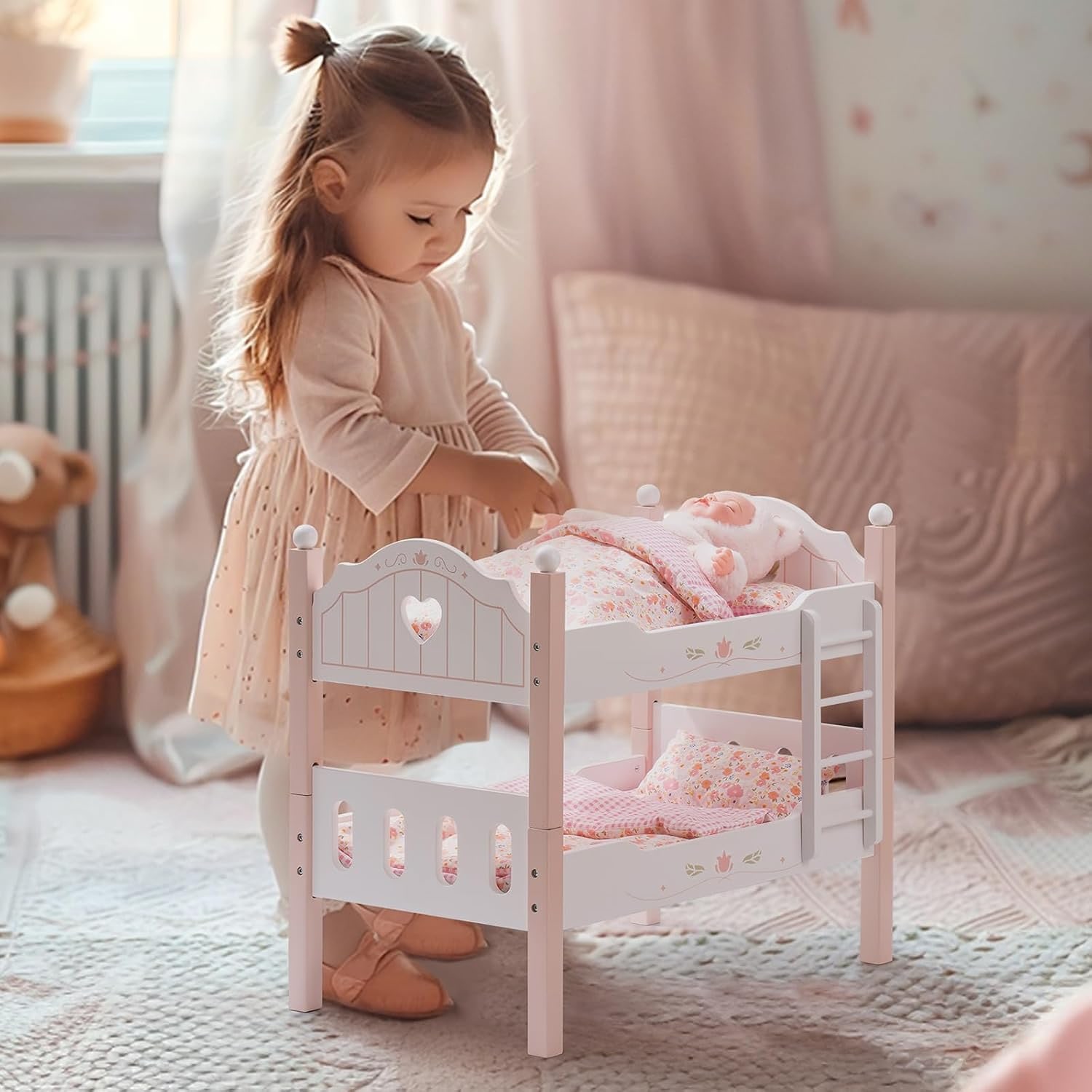 Wooden Doll Bunk Bed with Bedding, Canopy and Ladder: image 6